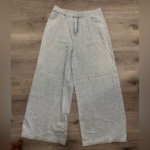 Light blue rhinestone denim wide leg jeans